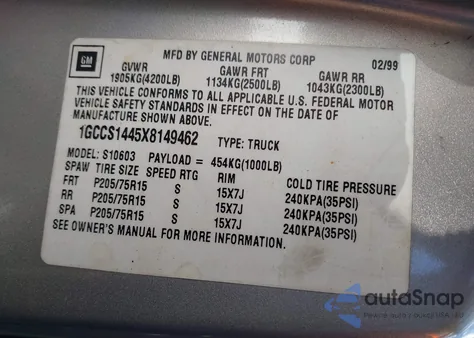 1999 Chevrolet S-10 Ls z USA, uszkodzony, nr VIN 1GCCS1445X8149462